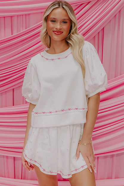 White pearl puff sleeve lounge set by Cowgirl Charm, two-piece embroidered outfit with comfortable, stylish design.