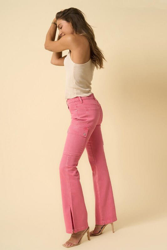 Pink cargo bootcut jeans for women by Insane Gene, high-waist stretch slim fit pants with utility pockets, casual and stylish.