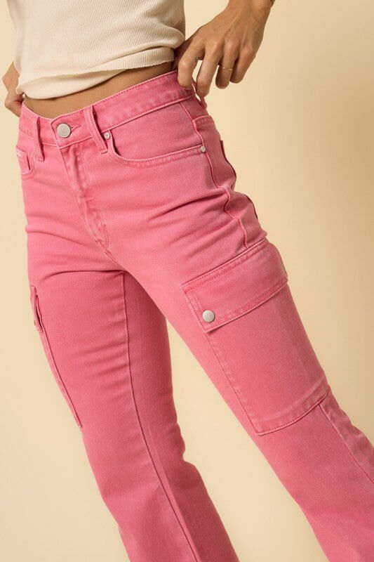 Pink cargo bootcut jeans for women by Insane Gene, high waist, stretch slim fit with utility pockets, stylish casual bottoms