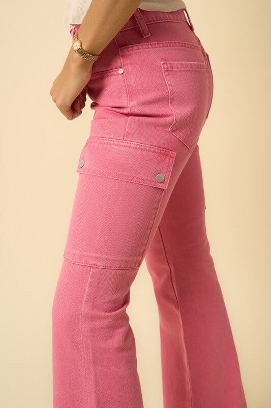 Pink cargo bootcut jeans for women by Insane Gene, high waist, stretch slim fit with utility pockets, casual bottom wear.