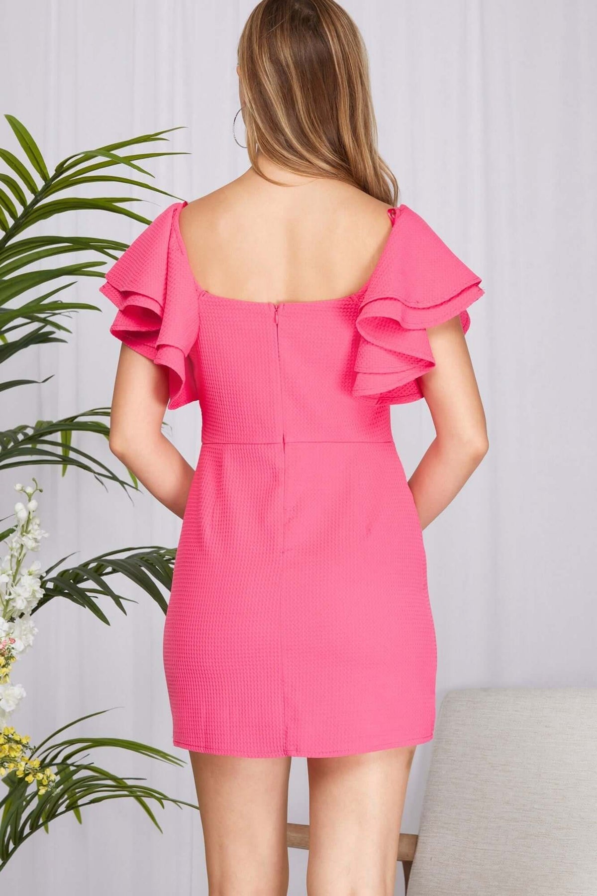 Pink She and Sky mini dress with double ruffle sleeves, textured fabric, square neckline, and fit-and-flare silhouette.