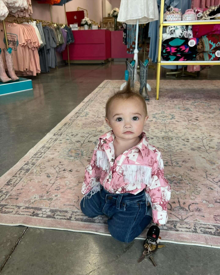 Pink Plaid Bucking Horse Pearl Snap LS - Cowgirl Charm