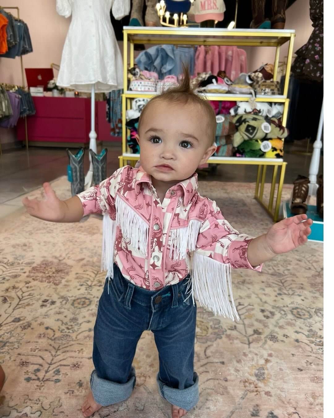 Pink Plaid Bucking Horse Pearl Snap LS - Cowgirl Charm