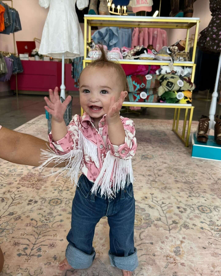 Pink Plaid Bucking Horse Pearl Snap LS - Cowgirl Charm