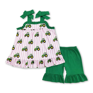 Pink stripe tractor straps baby girls farm romper - Cowgirl Charm