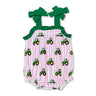 Pink stripe tractor straps baby girls farm romper - Cowgirl Charm