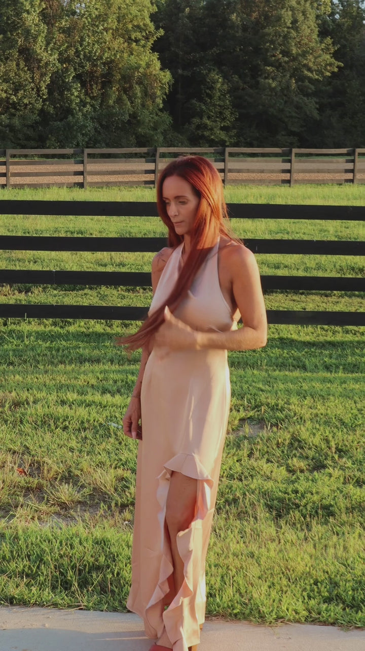 Lucky & Blessed Champagne Satin Ruffle Slit Maxi Dress