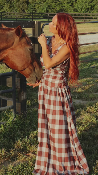 Brown Plaid Ruched Bodice Maxi Dress