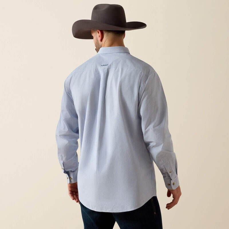 Ariat Pro Series Dayne classic fit shirt displayed on a hanger, featuring a button-down style and casual collar in a neutral fabric.
