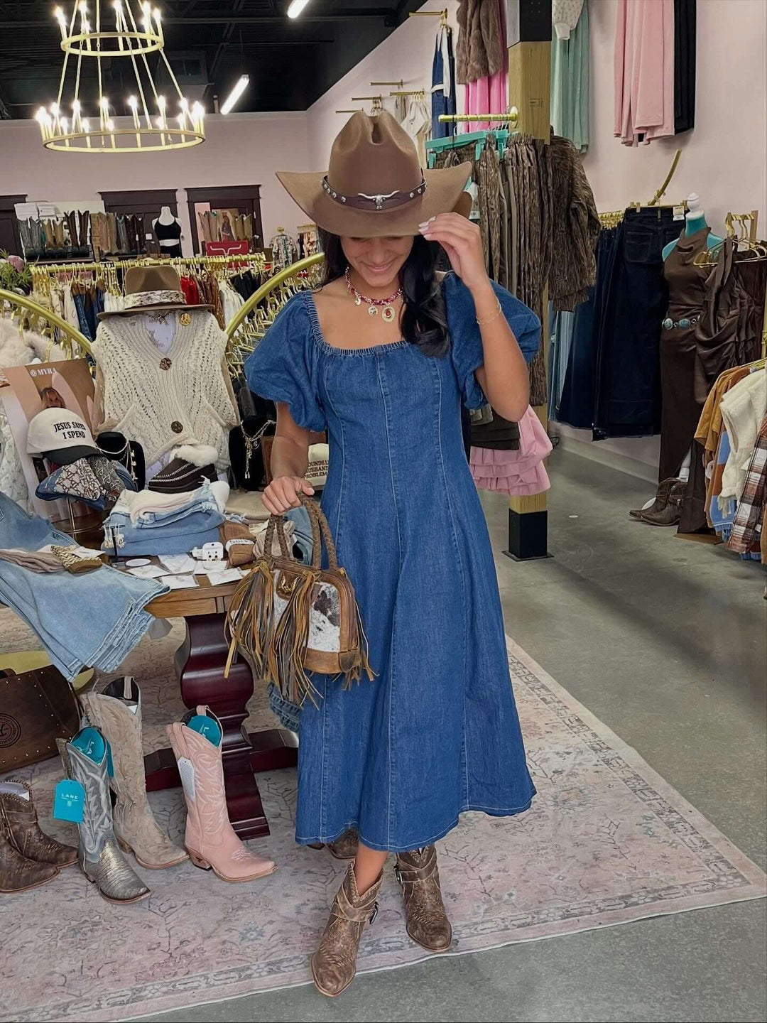 Puff Sleeve Midi Dress - Cowgirl Charm