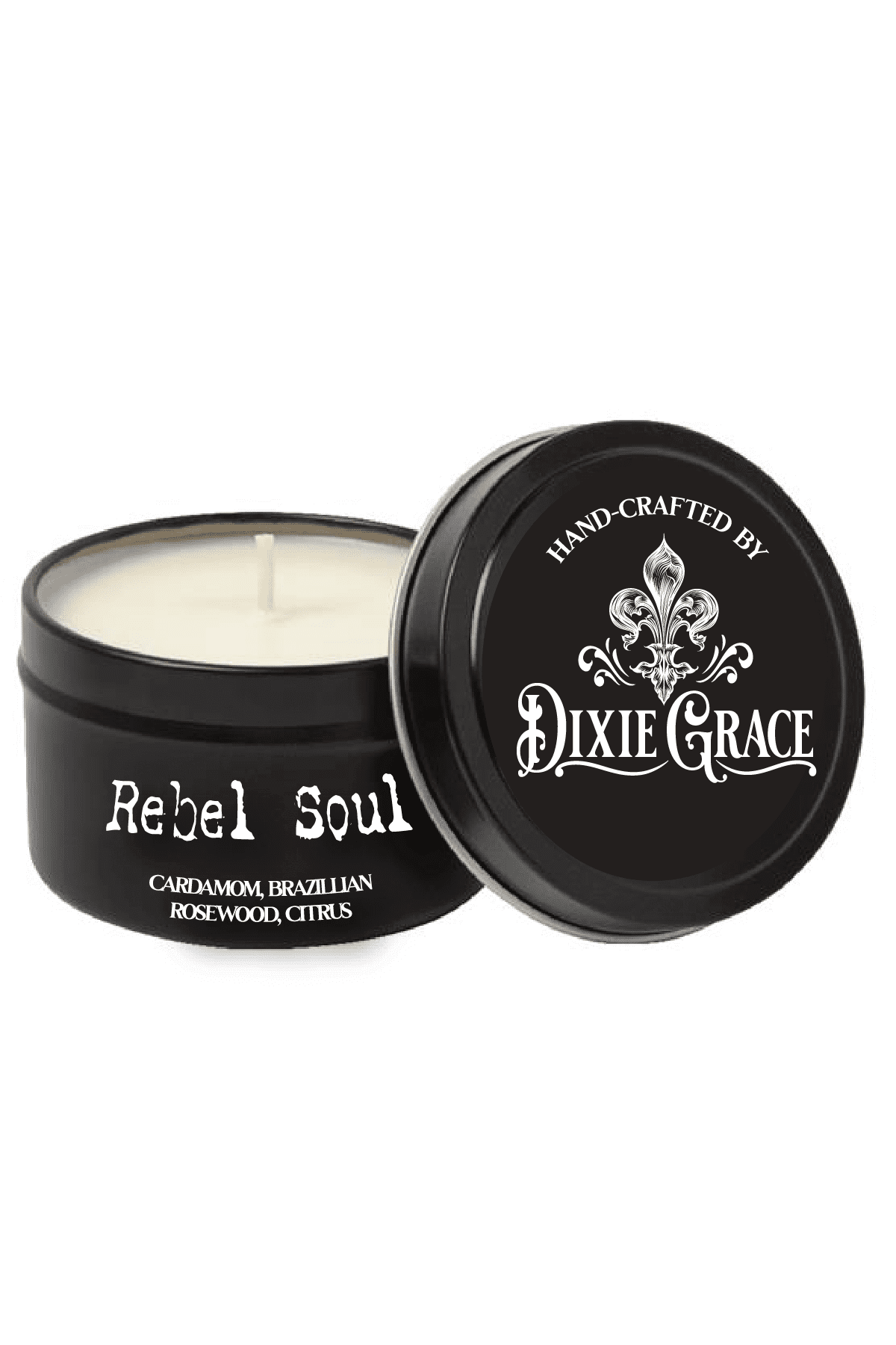 Dixie Grace Rebel Soul 8 oz candle tin with cotton wick, home and gift candle, sleek metal container with label design