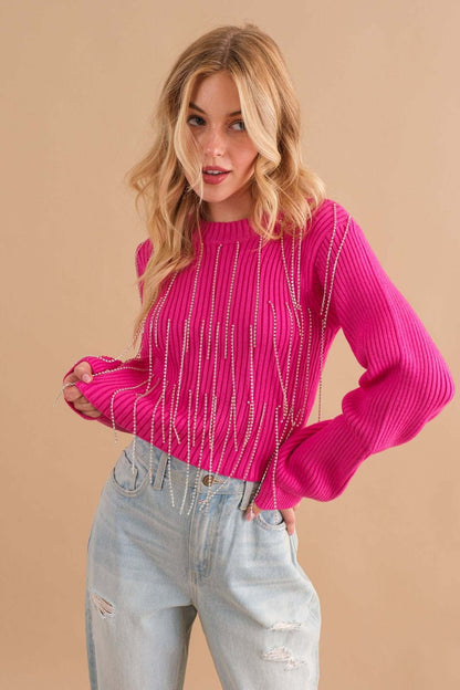 Blue B ribbed mock neck crop sweater with rhinestone fringe detailing, perfect for stylish casual wear.