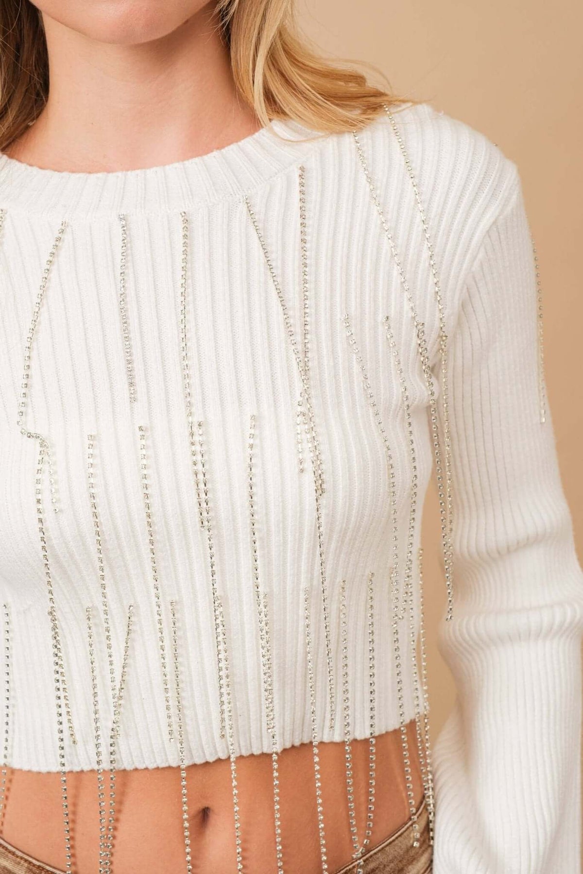 Blue B ribbed mock neck sweater with rhinestone fringe crop design, perfect for stylish casual wear.