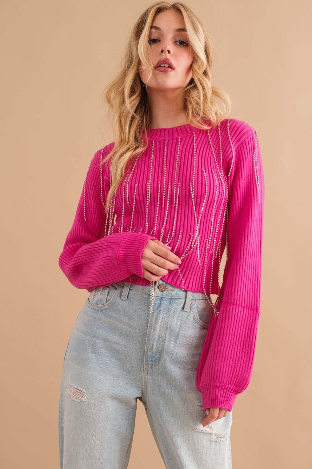 Blue B ribbed mock neck sweater with rhinestone fringe, crop style, perfect for trendy winter or fall fashion.