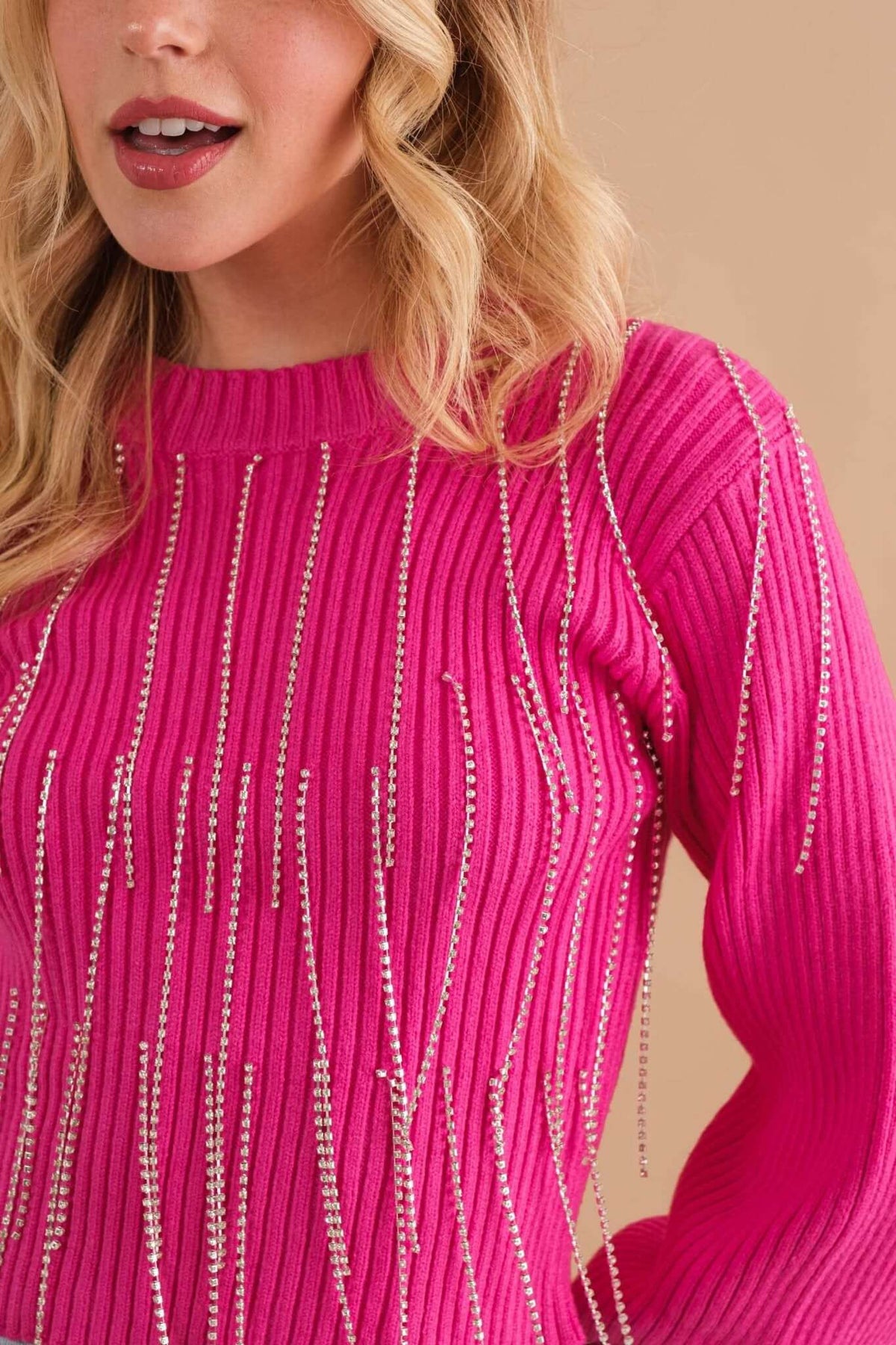 Blue B ribbed mock neck sweater with rhinestone accents and fringe detail, crop length, perfect for stylish layered looks.