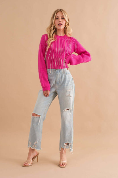 Blue B ribbed mock neck sweater with rhinestone fringe, crop length, stylish knit sweater for trendy winter looks.