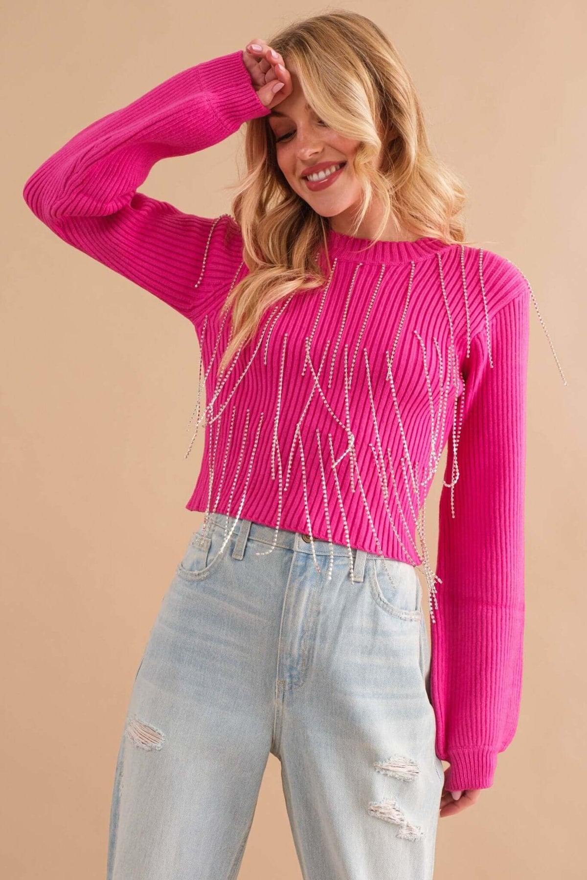 Blue B ribbed mock neck sweater with rhinestone fringe, cropped style, perfect for stylish winter or fall outfits.