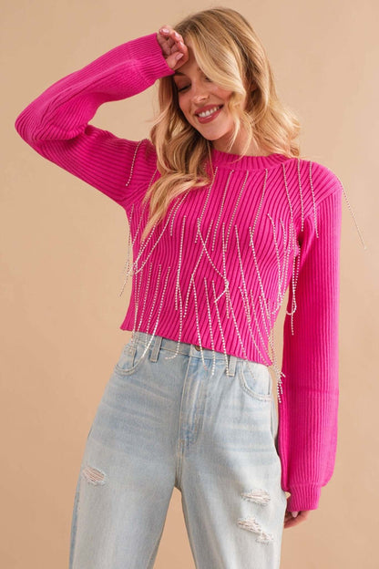 Blue B ribbed mock neck sweater with rhinestone fringe, cropped style, perfect for stylish winter or fall outfits.