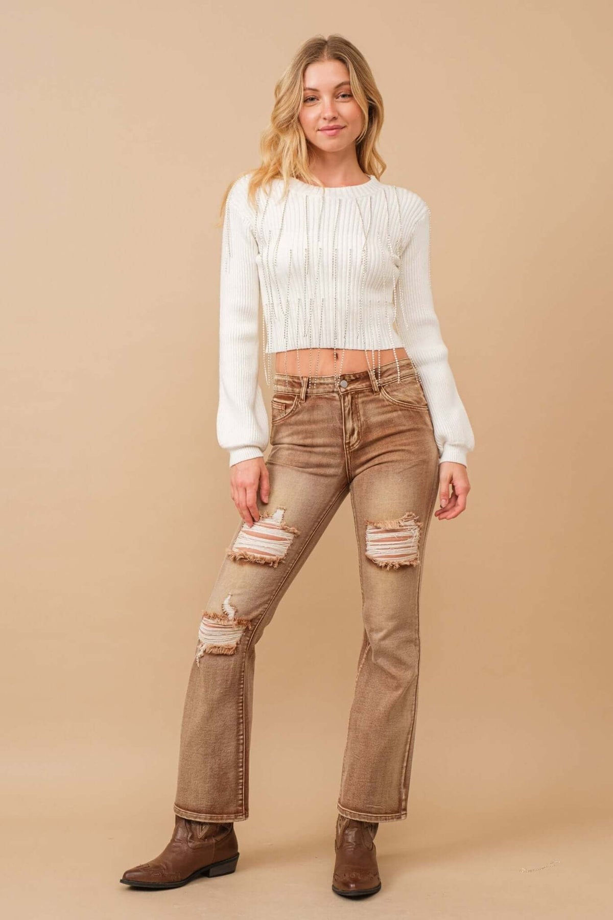 Blue B ribbed mock neck crop sweater with rhinestone fringe detailing, perfect for stylish casual wear.