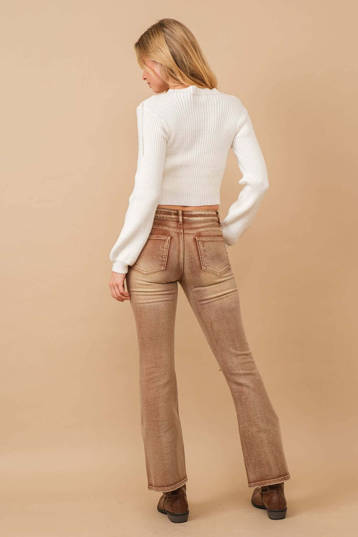 Ribbed Mock Neck Rhinestone Fringe Crop Sweater - Cowgirl Charm