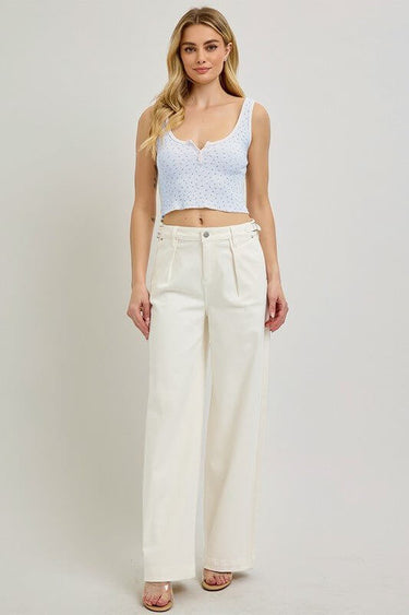 Risen Adjustable Waistband Slouch Wide Pleated Pants - Cowgirl Charm