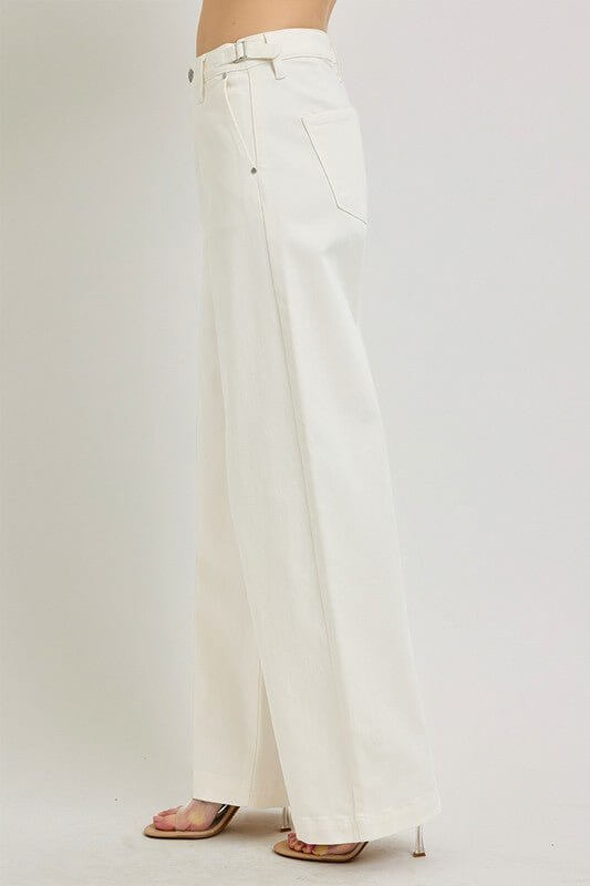 Risen adjustable waistband slouch wide pleated pants, stylish bottoms with relaxed fit and pleated design, suitable for casual wear.