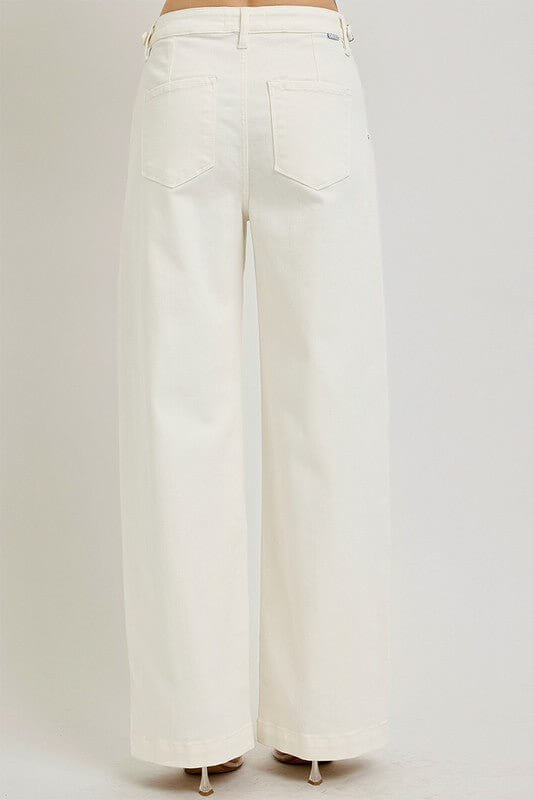 Risen adjustable waistband slouch wide pleated pants styled with a relaxed fit and wide-leg silhouette for casual wear.