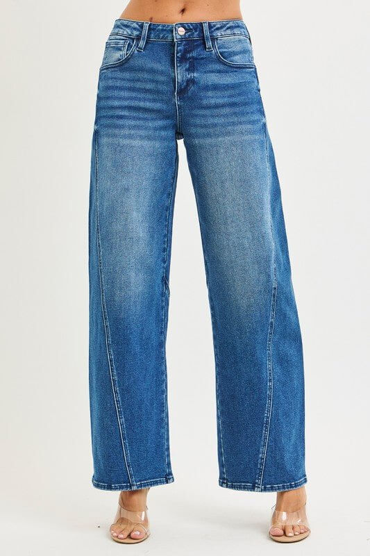 Risen Slouchy Barrel Jeans shown on a model, featuring a relaxed fit, distressed details, and a casual, trendy style.