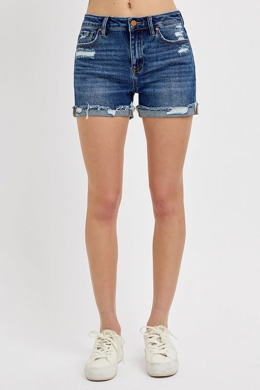 Risen women's mid-rise distressed cuffed denim shorts, rolled hem, casual summer bottoms, stylish and relaxed fit.
