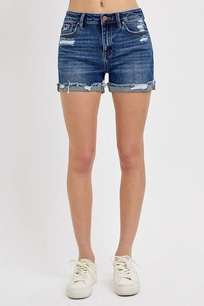 Risen women's mid-rise distressed cuffed denim shorts, rolled hem, casual summer bottoms, stylish and relaxed fit.