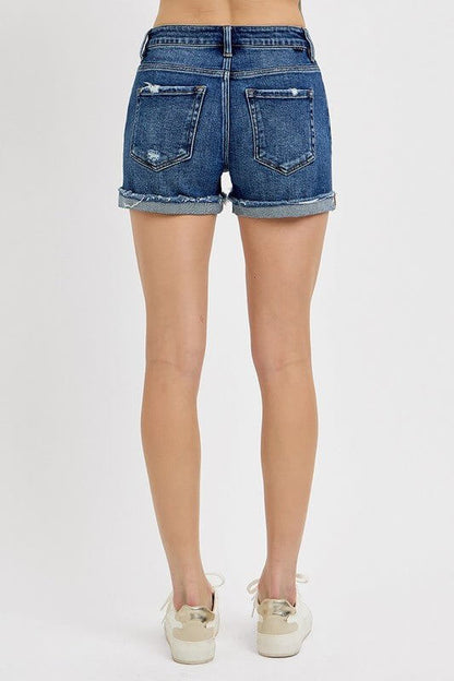 Women's Risen distressed mid-rise denim shorts with rolled cuffs, featuring a casual, distressed design and a comfortable fit.