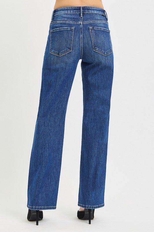 Risen Tummy Control high-rise straight jeans with 4-way stretch, showcasing a fitted waist and classic straight-leg style.