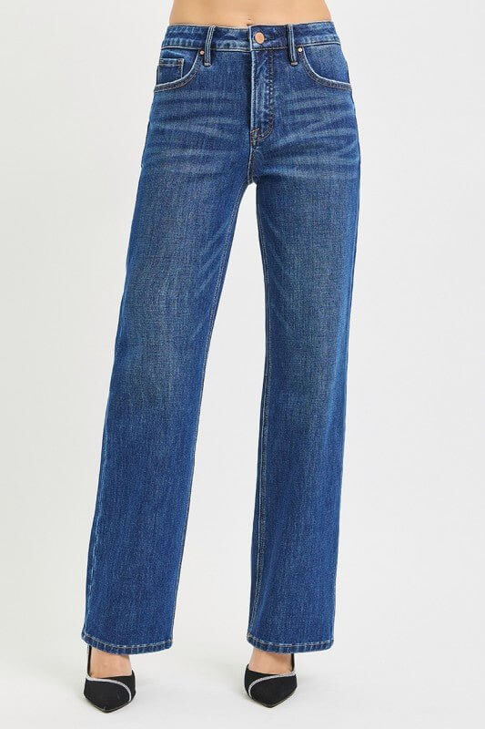 Risen Tummy Control 4-Way Stretch High-Rise Straight Jeans showing fit and waistband detail, in classic denim style.
