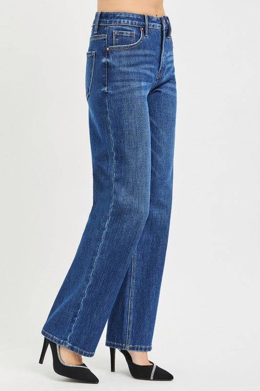 Risen Tummy Control high-rise straight jeans with 4-way stretch fabric, showcasing fitted waist and classic denim style.