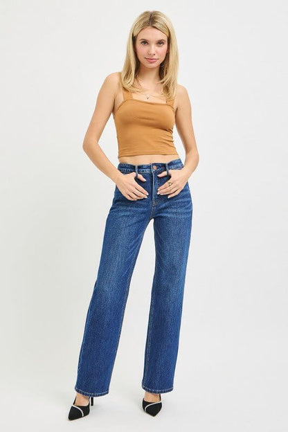 Risen Tummy Control high-rise straight jeans with 4-way stretch, showcasing a fitted waist and classic straight-leg style.