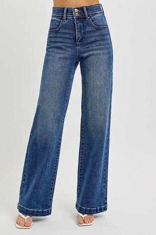Risen tummy control elastic high-rise wide-leg jeans with double waist and stretch fabric, designed for a comfortable fit.