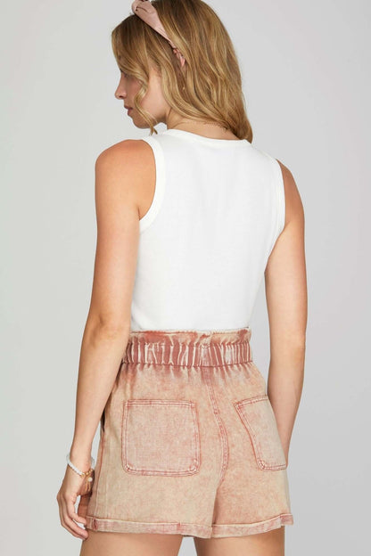 She and Sky rose wash paperbag twill shorts with pockets, casual bottoms featuring a relaxed fit and stylish design.