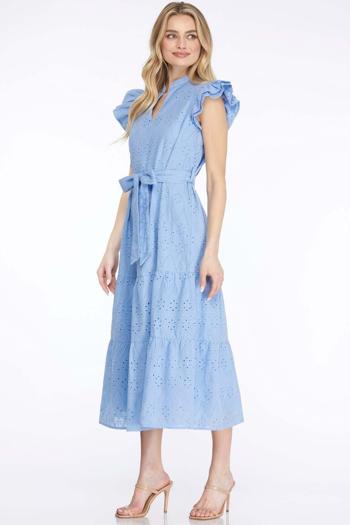 Sky blue Ruffle Sleeve Eyelet Midi Dress with waist tie from She and Sky, featuring delicate eyelet fabric and feminine ruffle details.