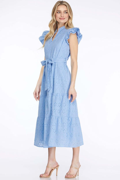 Sky blue Ruffle Sleeve Eyelet Midi Dress with waist tie from She and Sky, featuring delicate eyelet fabric and feminine ruffle details.