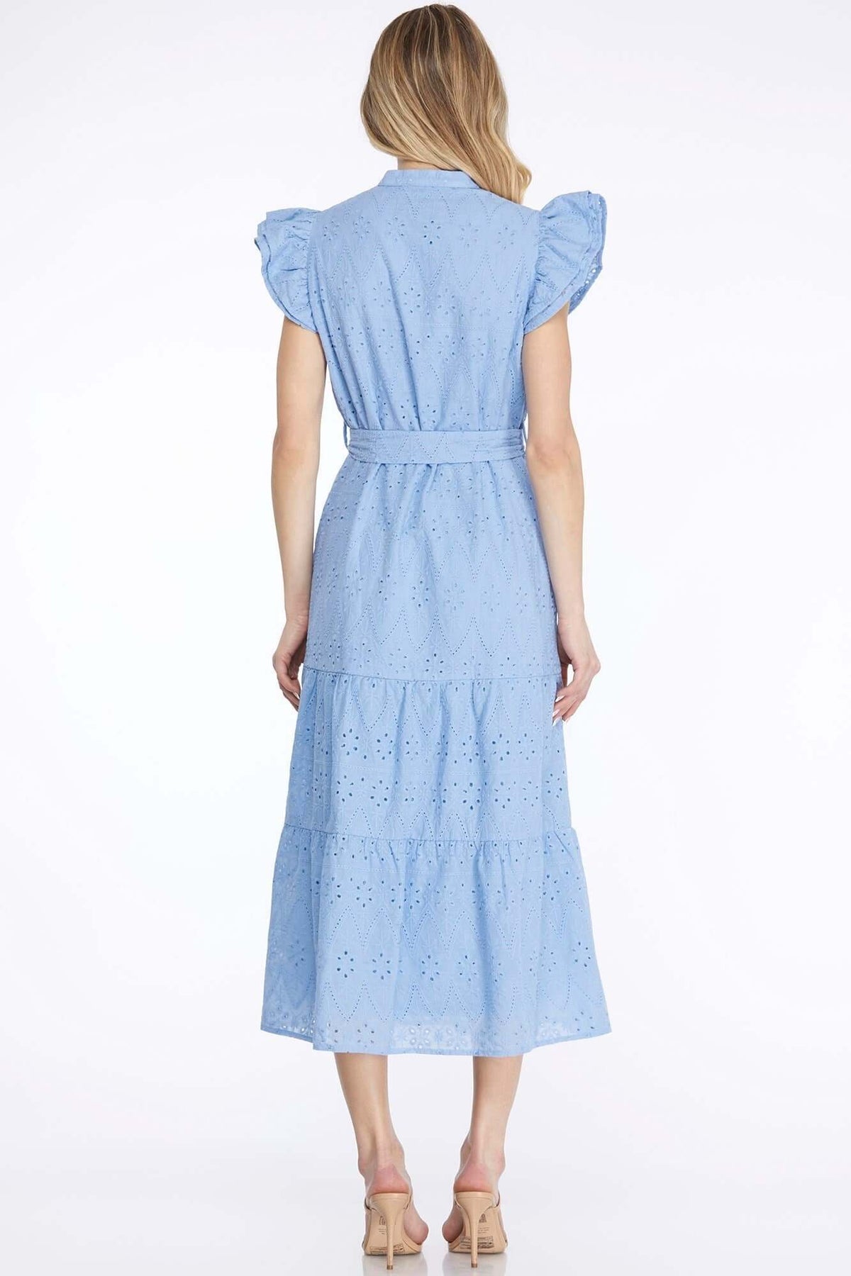 Sky blue She and Sky eyelet midi dress with ruffle sleeves and waist tie, perfect for summer or casual occasions.