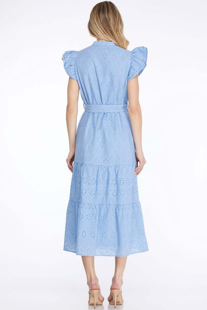 Sky blue She and Sky eyelet midi dress with ruffle sleeves and waist tie, perfect for summer or casual occasions.