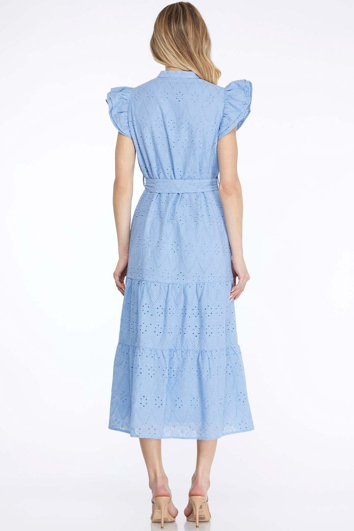 Ruffle Sleeve Eyelet Midi Dress with Waist Tie – Sky Blue - Cowgirl Charm
