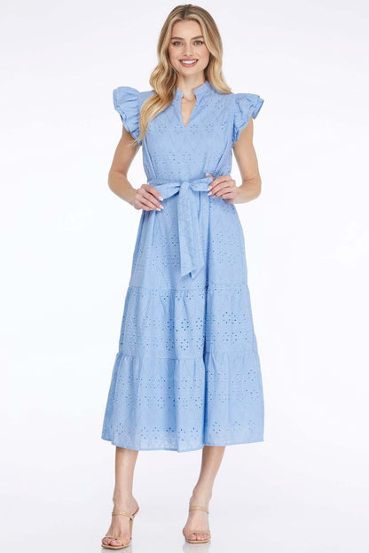 Sky blue She and Sky ruffle sleeve eyelet midi dress with waist tie, flowing fabric and feminine design, perfect for summer.