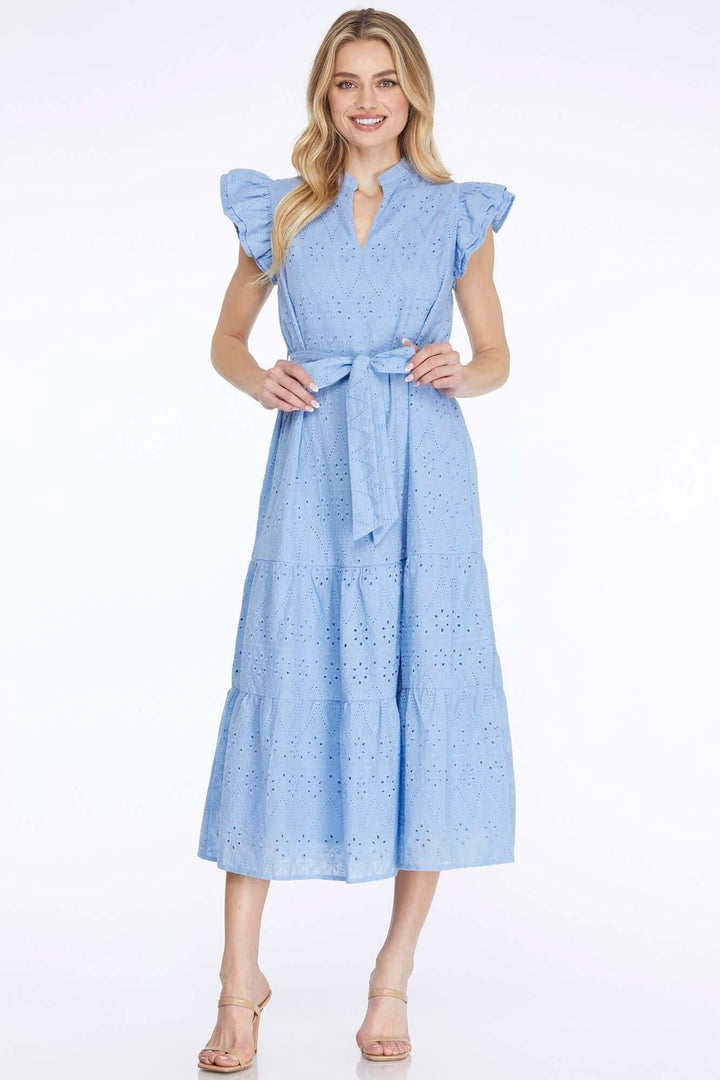 Ruffle Sleeve Eyelet Midi Dress with Waist Tie – Sky Blue - Cowgirl Charm