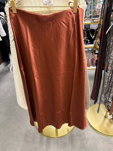 She and Sky Luxe High-Waist Satin Midi Skirt displayed as silky, elegant pants with a high waist and midi length.