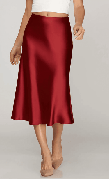 She and Sky Luxe high-waist satin midi skirt featuring smooth, silky fabric and elegant design, perfect for chic, stylish outfits.