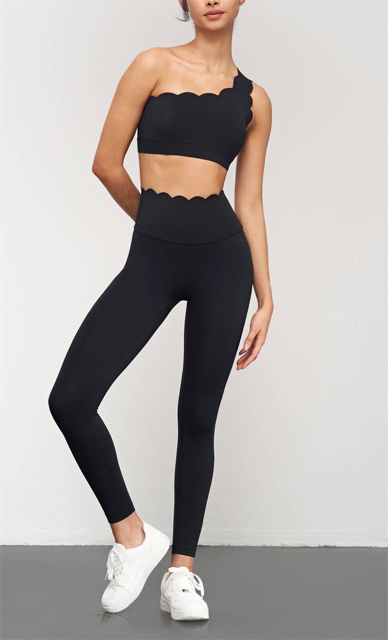 High waist scallop top activewear leggings by 91thelabel, featuring a stylish scalloped waistband and stretchy fabric for comfort.