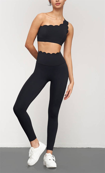 High waist scallop top activewear leggings by 91thelabel, featuring a stylish scalloped waistband and stretchy fabric for comfort.