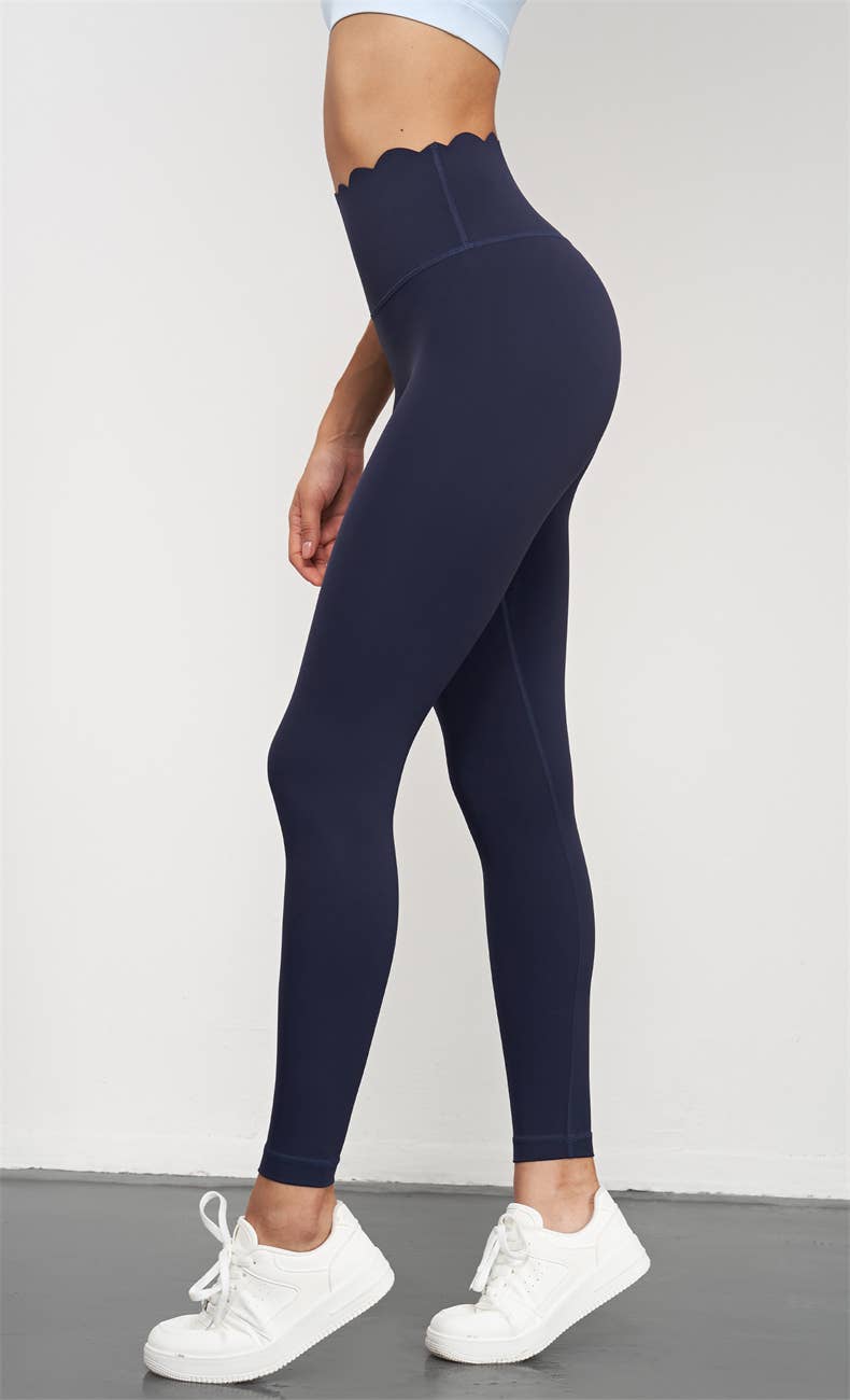 High waist scallop top activewear leggings by 91thelabel, featuring a stylish scalloped waistband and snug fit for workout comfort.