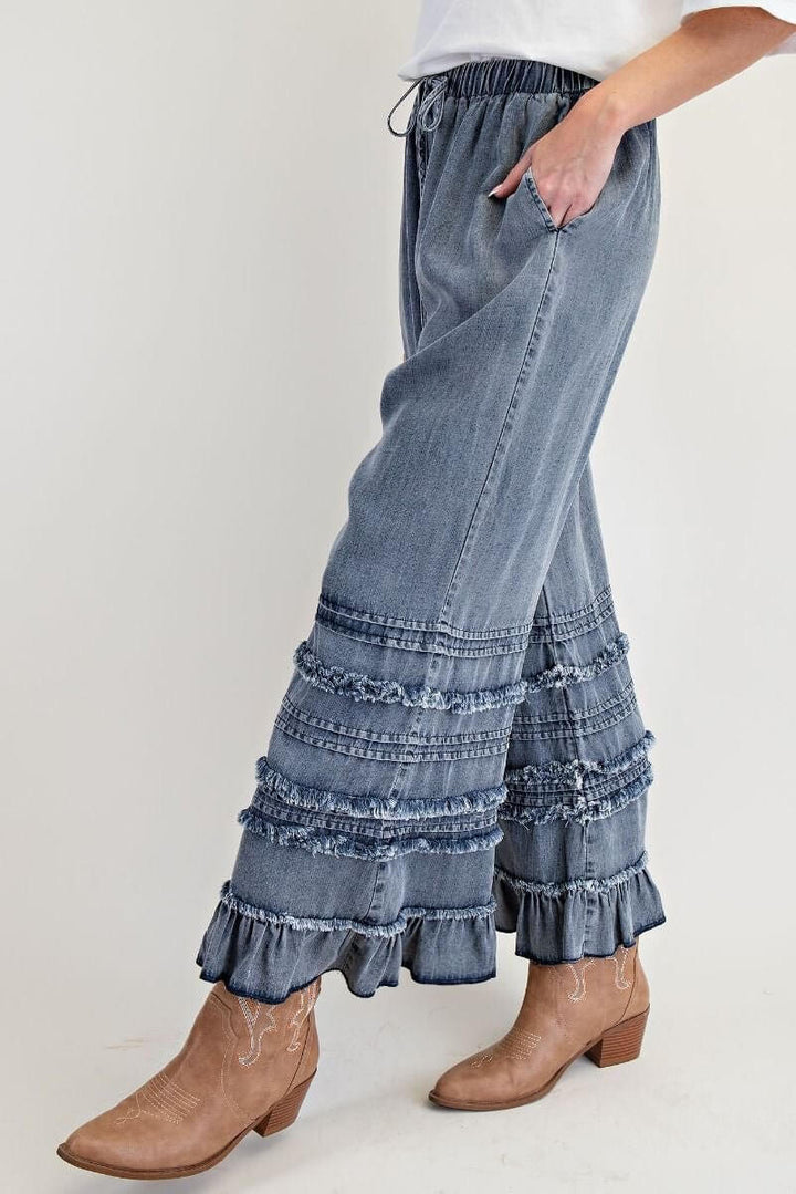 SELF FRAY WASHED CHAMBRAY PANTS - Cowgirl Charm